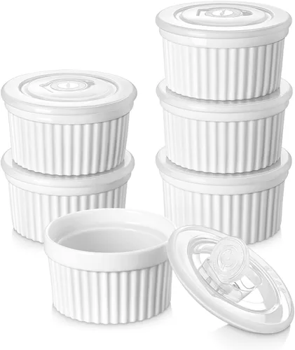Miniatura 17 de vancasso Ramequines de 177 ml con tapa, cuencos de porcelana para soufflé de crema catalana, tazas de natillas azules para hornear, aptas