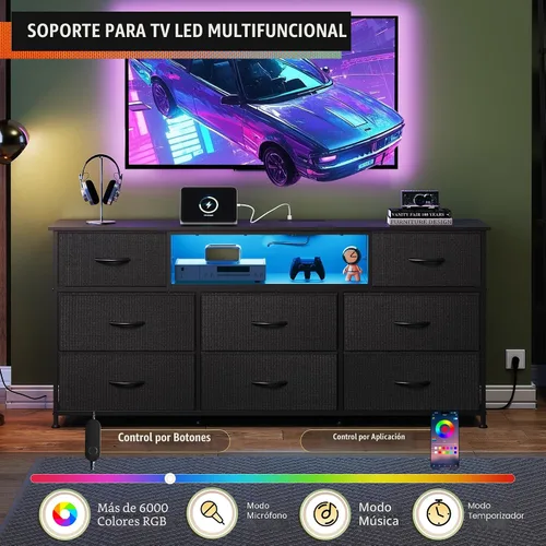 Miniatura 3 de WLIVE Soporte de TV negro para TV de 50, 55, 65 pulgadas, centro de entretenimiento con luces LED y estación de carga, cómoda con 8 cajones de tela
