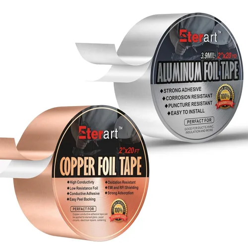 ETERART Cinta adhesiva de papel de aluminio resistente, cinta de lámina de cobre con adhesivo conductor, para reparaciones en el hogar, paquete de 2