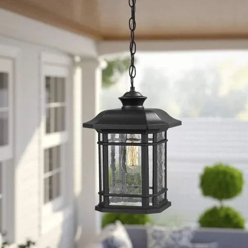 Miniatura 3 de Emliviar A2202110D1 - Lámpara colgante de 14 pulgadas para exteriores con acabado negro con cristal sembrado, moderno