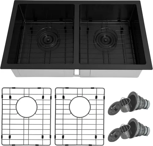 Miniatura 21 de Fregadero de Cocina de Doble Tazón 30" X 18", Fregadero de Cocina Negro de Montaje Inferior, Fregaderos Dobles de Montaje Inferior de Acero Acero