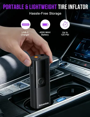 Miniatura 6 de Compresor de aire portátil para inflado de neumáticos, mini bomba de aire inalámbrica portátil con medidor de presión digital, inflado rápido de 150