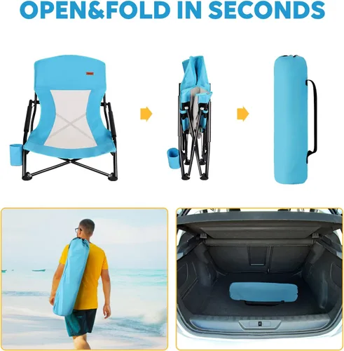 Miniatura 6 de TOBTOS Silla de playa baja para adultos, paquete de 2, plegable de perfil bajo con portavasos y bolsa de transporte, silla resistente para arena al