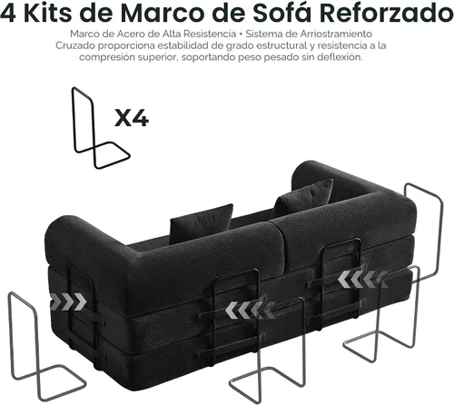 Miniatura 6 de Sofá cama convertible 5 en 1 sin montaje, marco de acero fijo de 79 pulgadas con espuma de alta resistencia, sofá modular de pana plegable para Negro
