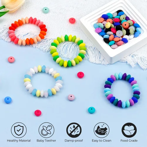 Miniatura 4 de 180 piezas FIVEIZERO cuentas de lenteja de silicona, cuentas focales de ábaco de silicona de 12 mm a granel cuentas sueltas de color para pulseras