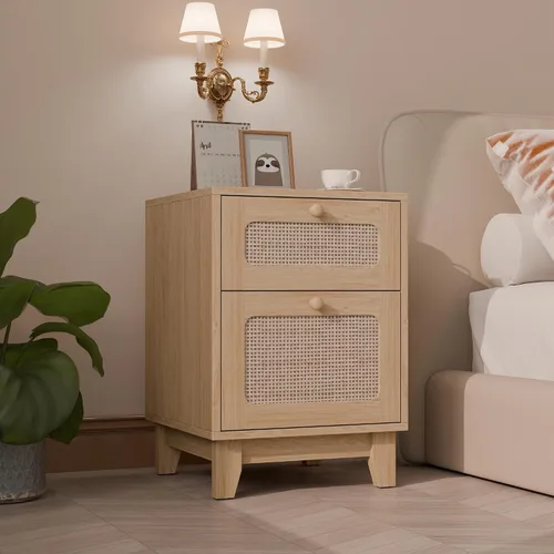 Miniatura 14 de Betterhood Mesitas de noche de ratán con estación de carga, mesitas de noche de madera con cajón y gabinete, mesitas de noche bohemias con USB