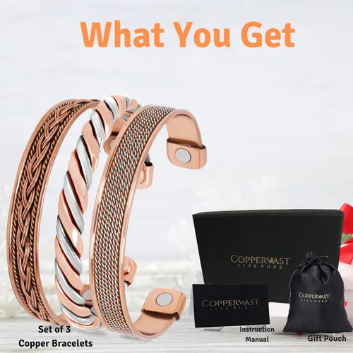 Miniatura 18 de Pulseras de cobre para hombres y mujeres Juego de 3 con caja de regalo Hecho a mano 100% cobre Regalo para mujeres y hombres