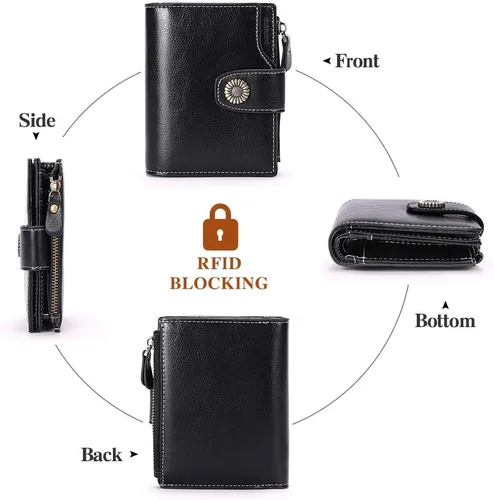 Miniatura 6 de FALAN MULE - Cartera pequeña plegable para mujer de cuero genuino, compacta, con bloqueo RFID, Negro), 5206