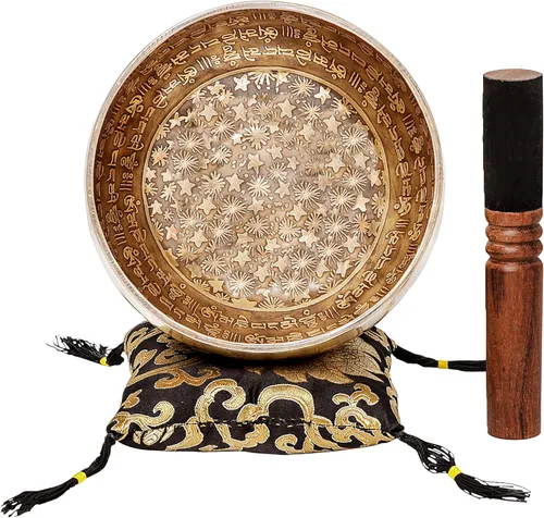 Ohm Store - Juego de cuencos tibetanos grandes de diseño antiguo, cuenco de sonido relajante de meditación de tono profundo y mazo de madera hecho a