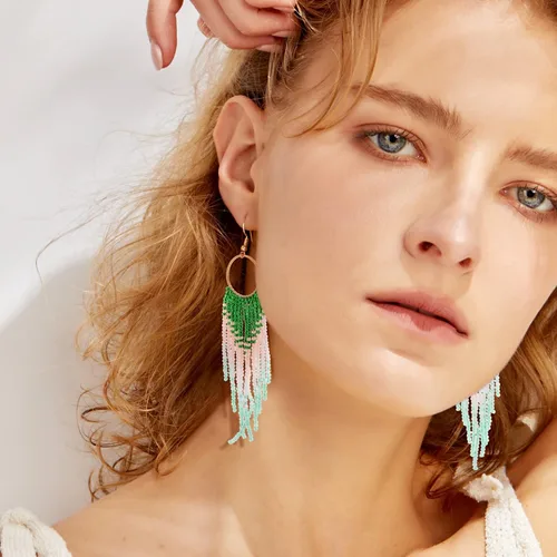 Miniatura 5 de Aretes de borla hechos a mano, aretes de cuentas de semillas, aretes bohemios con flecos para mujeres y niñas