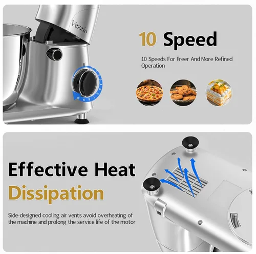 Miniatura 4 de Vezzio Batidora de pedestal con cabezal inclinable, 10 velocidades, de 6 cuartos de galón, mezclador de cocina para alimentos con tazón de acero