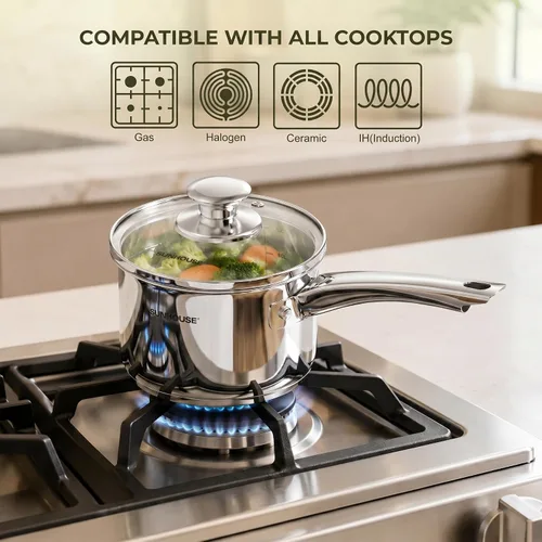Miniatura 7 de Sunhouse Cacerola de acero inoxidable de 1.5 cuartos de galón con tapa, olla pequeña para cocinar, sin PFOA, base de inducción avanzada de unión