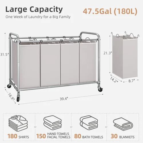Miniatura 5 de Organizador de lavandería Maniac de 4 secciones, 4 bolsas, cesta de lavandería con ruedas giratorias y bolsas extraíbles Gris