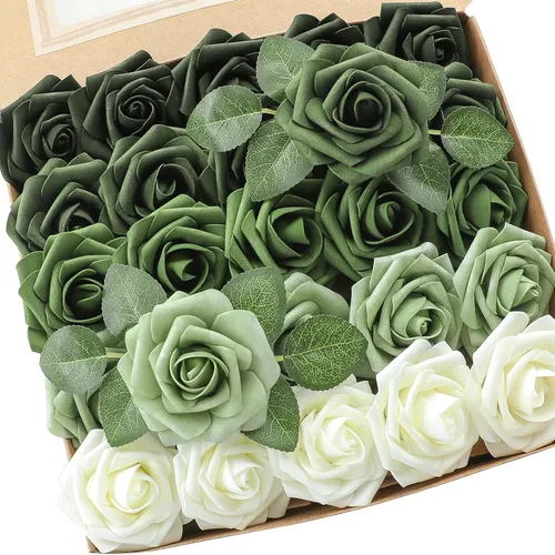 Miniatura 10 de Floroom Flores artificiales, 25 piezas de rosas falsas de espuma de aspecto real con tallos para ramos de boda, centros de mesa de despedida