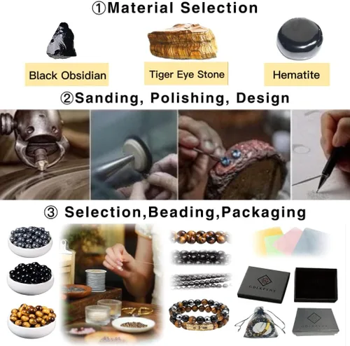 Miniatura 27 de 2Pcs Triple Protection Bracelet,Natural Tigers Eye Black Obsidian and Hematite 8 MM Beads Bracelet for Men Women Gift, Healing Crystal Bracelet