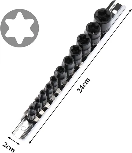 Miniatura 5 de EMENTOL Juego de llaves de vaso E-Torx con riel, CR-V, 1/4" y 3/8" Drive, hembra Torx Star Socket Set, E4 - E20