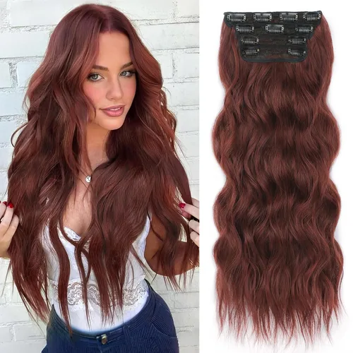 Miniatura 38 de ALXNAN Extensiones de cabello sintético largo y ondulado con clip, de 16 pulgadas, color negro natural, 4 piezas gruesas, fibra de doble trama