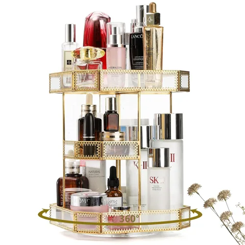 ZOOFOX Organizador de maquillaje de vidrio giratorio de 360 grados, soporte grande de almacenamiento de cosméticos con ribete dorado para tocador,
