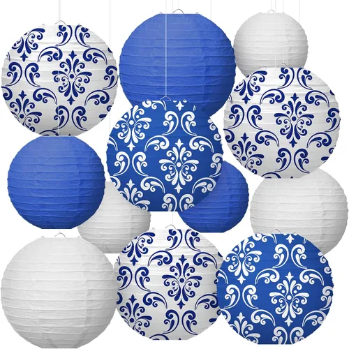 Bencailor 12 faroles de papel chinoiserie de 12 pulgadas, 10 pulgadas, 8 pulgadas, estampado de porcelana azul y blanca, decoración para colgar,