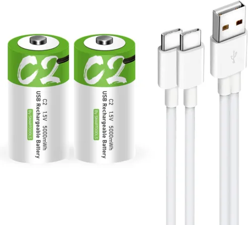 Baterías C - Paquete de 2 baterías recargables C, batería de iones de litio de 5000 mWh, tamaño C, 1.5 V con cargador USB A a tipo C 2 en 1,