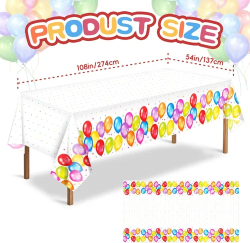 Miniatura 3 de Paquete de 3 manteles de globos coloridos, desechables, de plástico multicolor, 54 x 108 pulgadas, rectangular, para picnic, fiesta de cumpleaños