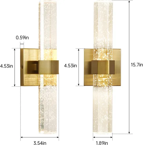 Miniatura 4 de Epinl Juego de dos apliques de pared dorados – Apliques de pared para baño, iluminación de pared LED regulable de 14 W con cristal de burbujas
