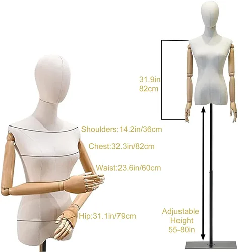 Miniatura 3 de Vestido de maniquí femenino con forma de torso, cuerpo de maniquí de exhibición con cabeza desmontable, manos de madera y soporte dorado de altura