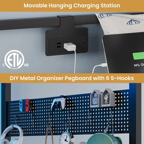 Miniatura 8 de DICTAC Litera individual sobre tamaño matrimonial con 4 cajones de almacenamiento y estantería abierta de 3 niveles de metal con luces LED, estación