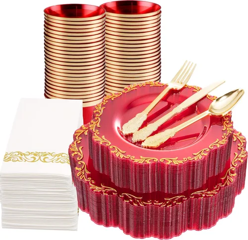 Miniatura 9 de PULOTE 175 platos de plástico verde – Plástico transparente con borde verde desechable – Incluye 25 platos de cada uno (cena y postre), 75