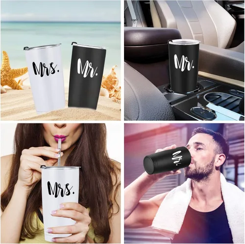 Miniatura 8 de Mr and Mrs - Juego de 2 vasos de viaje de acero inoxidable para recién casados, parejas, esposa, novia, despedida de soltera, vaso de viaje aislado