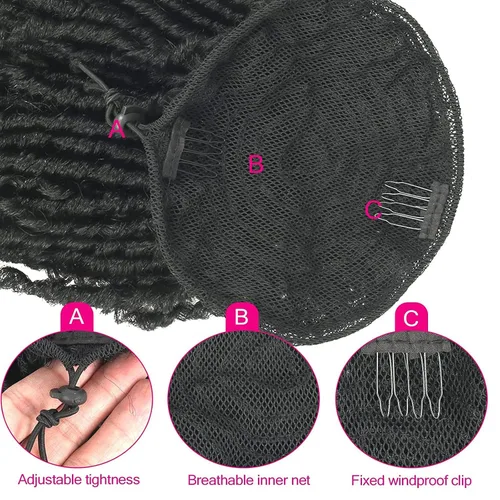 Miniatura 5 de Extensiones de cola de caballo de rastas para mujer, cola de caballo con cordón negro con extremos rizados, rastas sintéticas de diosa, extensiones