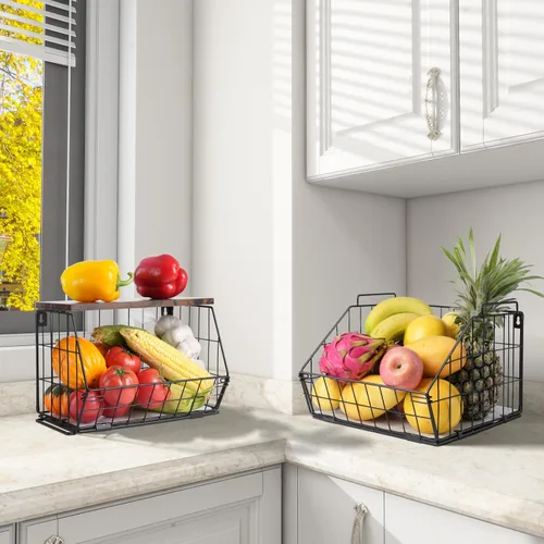 Miniatura 6 de Wawocs Cesta Colgante Apilable de 2 Niveles Montada en Pared, Cesta de Frutas para Encimera de Cocina, Contenedor de Almacenamiento con Tapa de Tapa