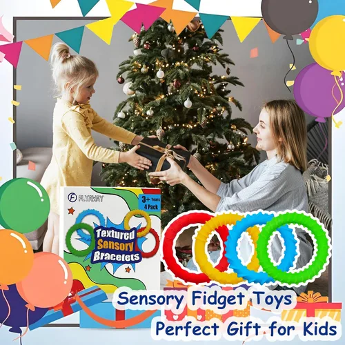 Miniatura 6 de Flyaway Paquete de 4 pulseras sensoriales para niños con autismo, TDAH, ansiedad, textura, silicona, ayuda motora oral, juguetes sensoriales