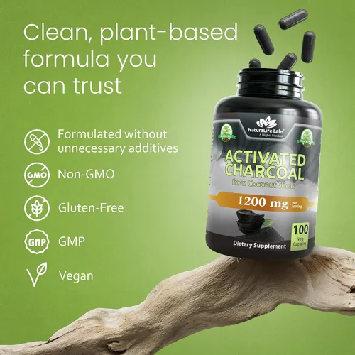 Miniatura 6 de NaturaLife Labs Carbón activado 1200 mg por porción - de cáscaras de coco - 100 cápsulas vegetales - Sin OMG, sin gluten, vegano (2)
