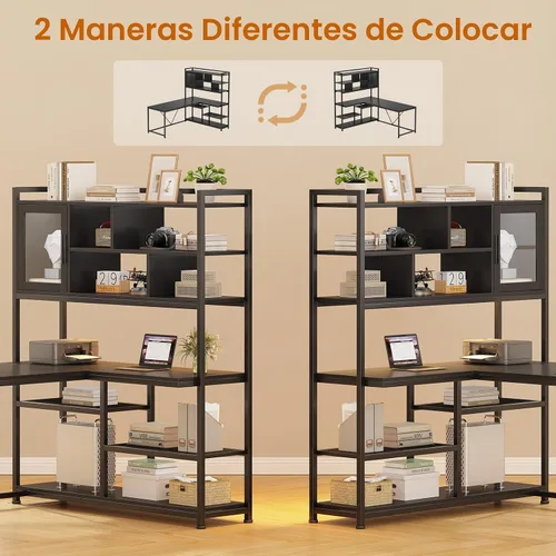 Miniatura 6 de SEDETA Escritorio para computadora en forma de L, escritorio de oficina de 58 pulgadas con luz LED y estantería, escritorio de esquina en forma de L