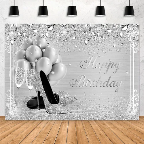 Telón de fondo plateado de 7 x 5 pies, diamantes con brillantina, globos de tacón alto, cristal champán, niñas y mujeres, dulces 16, fondo de