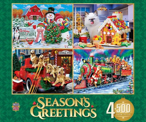 MasterPieces Rompecabezas de 500 Piezas de Vacaciones para Adultos y Familia - Paquete de 4 Rompecabezas Navideños - Saludos de Temporada - Edad 14+