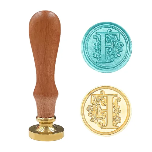 Sello de cera medieval tradicional del alfabeto inicial, cabeza de latón mango de madera sellos de letras para tarjeta/sobre/regalo - (Letra F)