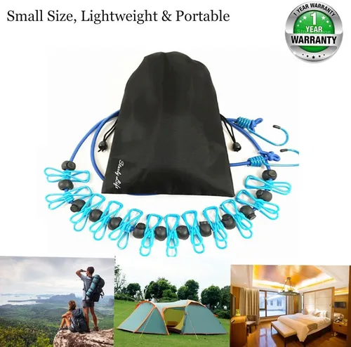 Miniatura 7 de Tendedero elástico ajustable con clips y bolas de posicionamiento, portátil, retráctil, resistente al viento, cuerda para colgar la ropa sucia, Azul