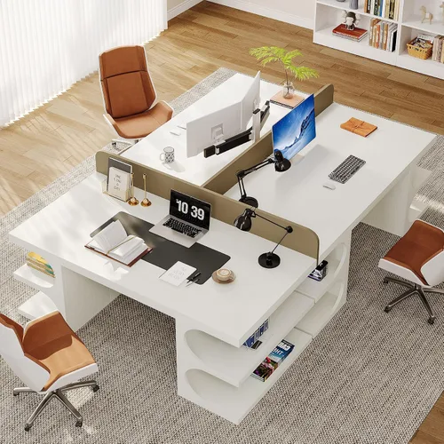 Miniatura 9 de Tribesigns Escritorio de oficina ejecutivo blanco, escritorio de computadora de 63 pulgadas con estantes de almacenamiento, mesa de estudio