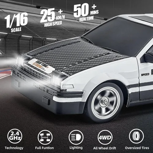 Miniatura 2 de Coche de deriva RC 1/16 2.4GHz 4WD RTR Drift Auto de alta velocidad con luces LED, dos baterías y neumáticos a la deriva, autos de juguete de Red-2