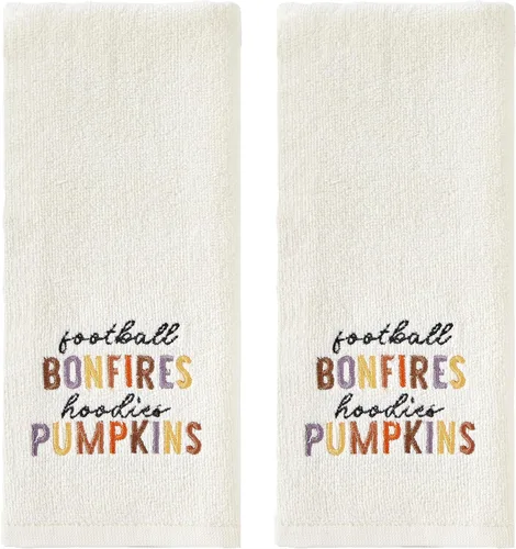 SKL Home Juego de 2 toallas de mano bordadas con diseño de calabazas de fútbol otoñal, 100% algodón, decorativas, para baño, cocina, bar y regalo,
