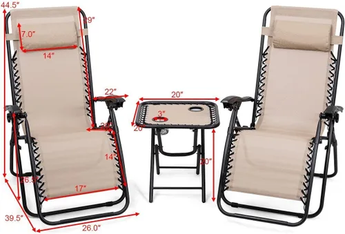 Miniatura 3 de Giantex Juego de 3 sillas de gravedad cero, tumbonas para patio, piscina, reclinables, plegables, sillas de descanso para patio trasero (beige)
