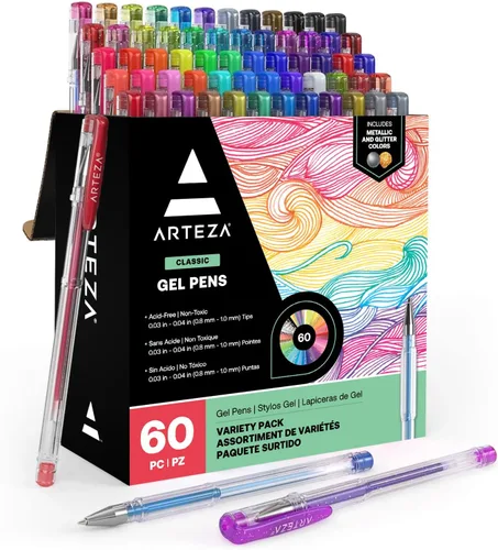 Bolígrafos de gel Arteza 60 colores individuales sin ácido y no tóxico (puntas de 0.03 a 0.039 pulgadas, juego de 60)