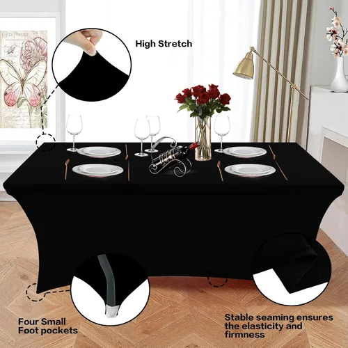Miniatura 3 de Heochy - 2 piezas de mantel de 4 pies para mesa rectangular - Mantel rectangular elástico de spandex negro para cumpleaños, cóctel, boda, fiesta