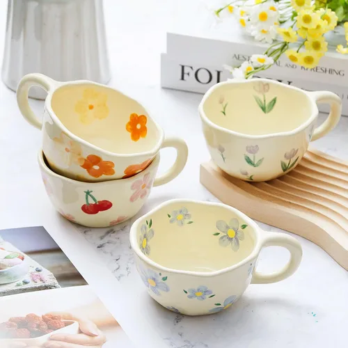 Miniatura 6 de Vesici Paquete de 4 tazas de café de cerámica con cuchara de 8.5 onzas, bonitas tazas de té estéticas con asa para té, leche, tazas de café