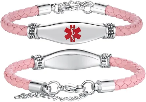 Miniatura 18 de LinnaLove Pulseras de alerta médica para mujeres, hermosas pulseras de cuero femenino para identificación médica con grabado gratuito