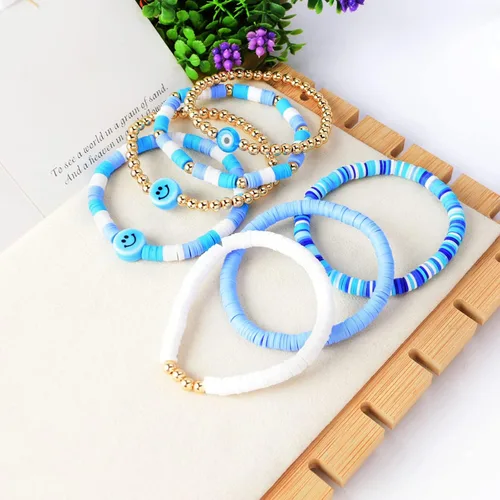 Miniatura 5 de Wonlte - Juego de pulseras de cuentas de arcilla Heishi, pulseras elásticas apilables con cuentas de mal de ojo, pulseras elásticas apilables