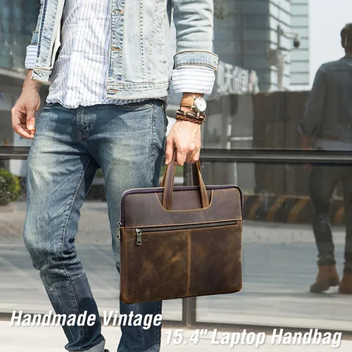 Miniatura 2 de Top Grain Leather - Maletín delgado para laptop de 15.4 pulgadas, diseño vintage con 5 bolsillos, hecho a mano, compatible con MacBook Pro/Air de 5