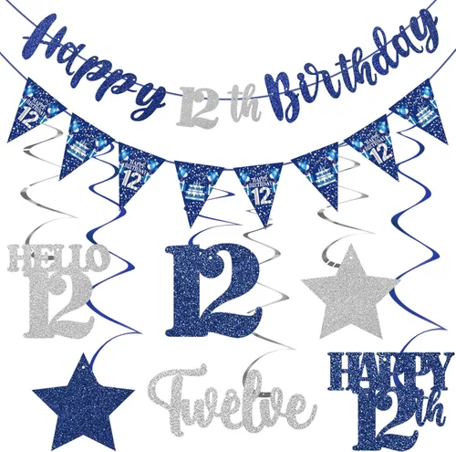 Miniatura 19 de Decoración de cumpleaños número 18 azul y plateado para niños y niñas, pancarta de feliz cumpleaños 18 con estrellas de dieciocho años de edad